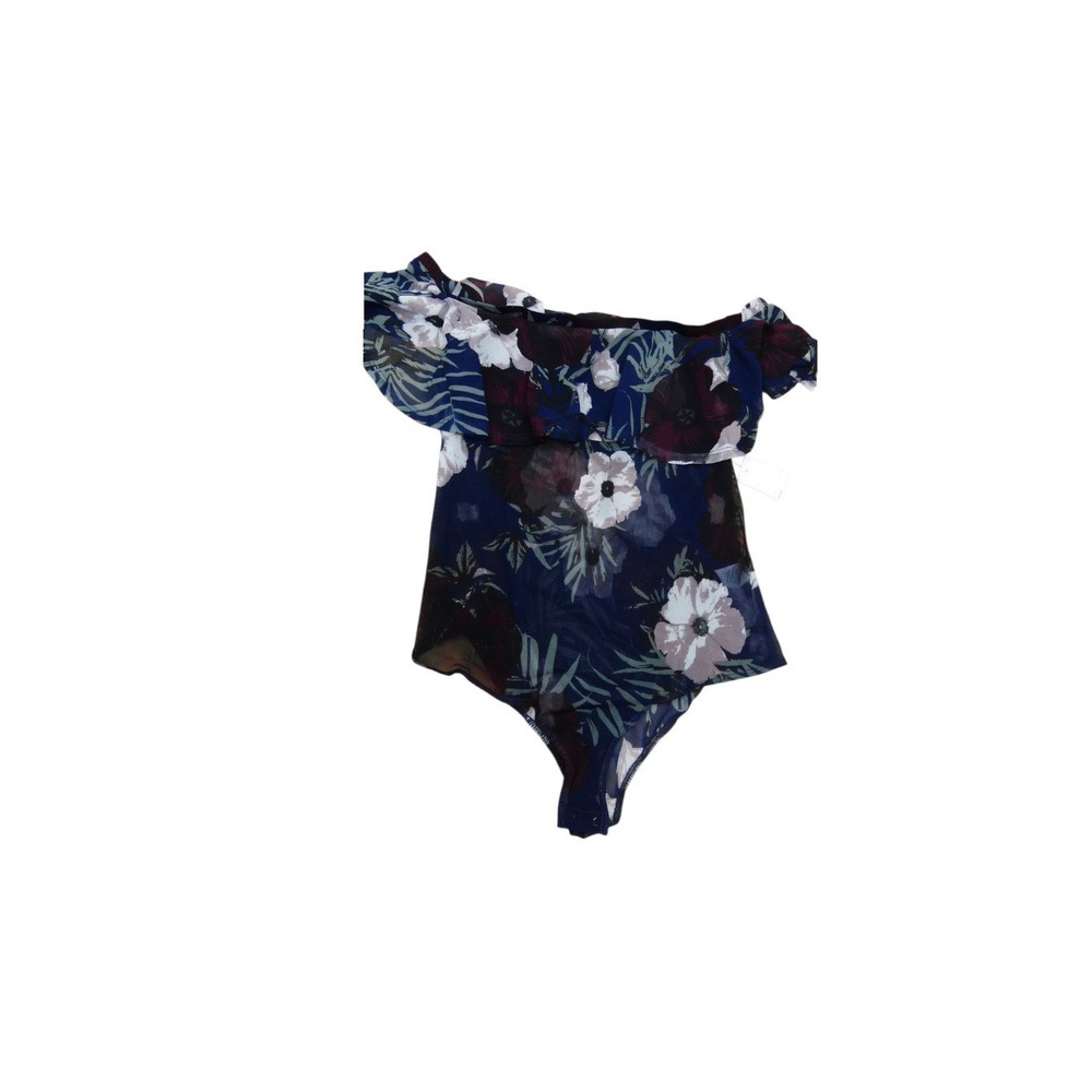 Charlotte Russe Bodysuit Womens L Navy Floral Ruffle Off Shoulder Mesh